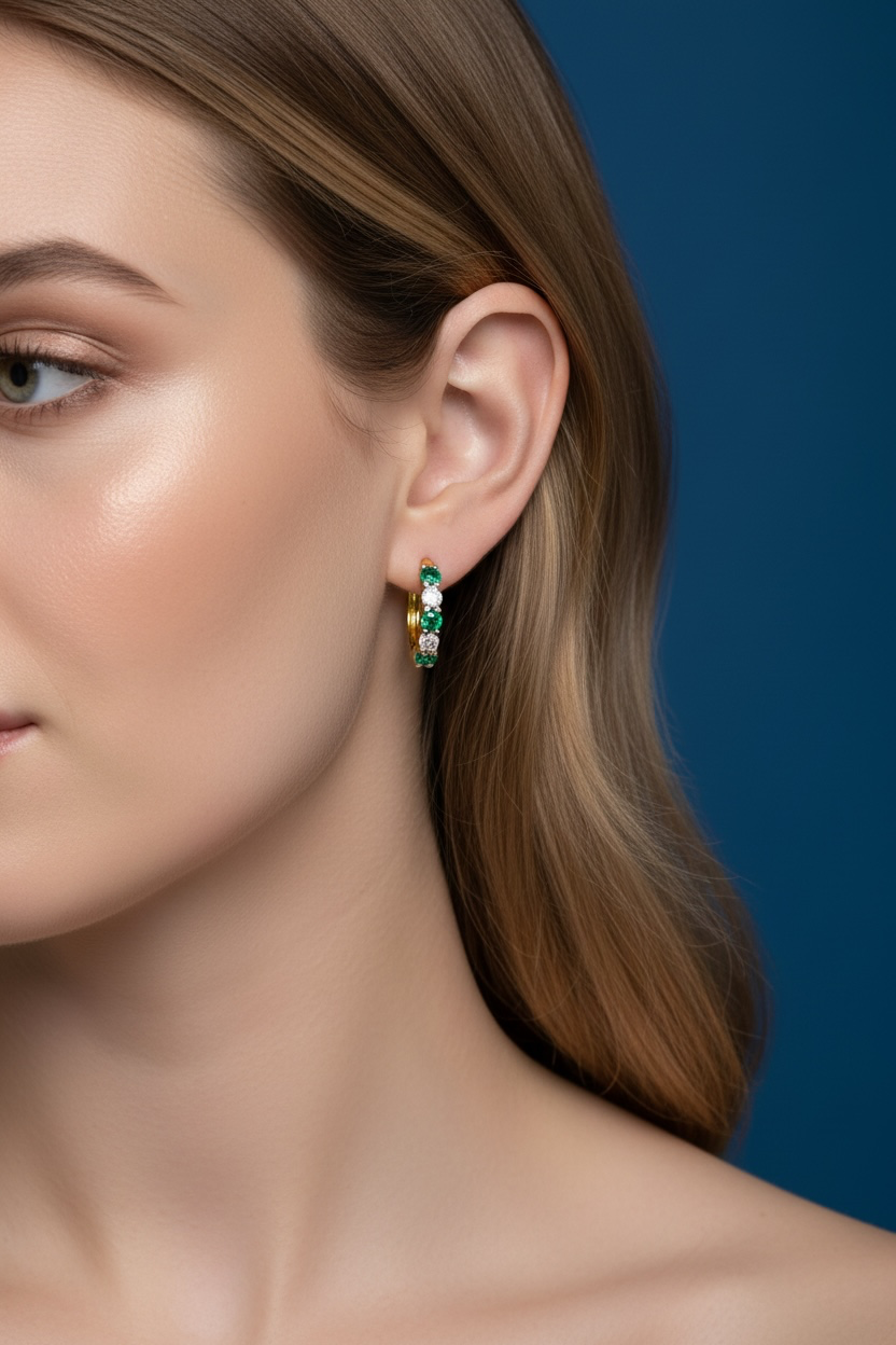 14K Yellow Real Gold Round 0.34ct Emerald Diamond Hoop Earrings