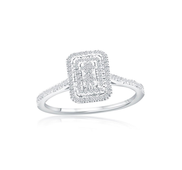 Sterling Silver Double Frame Emerald Diamond Ring - (119 Stones)