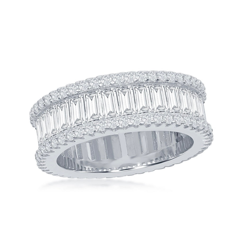 Sterling Silver, Baguette Crystal and Pave Border Band Ring