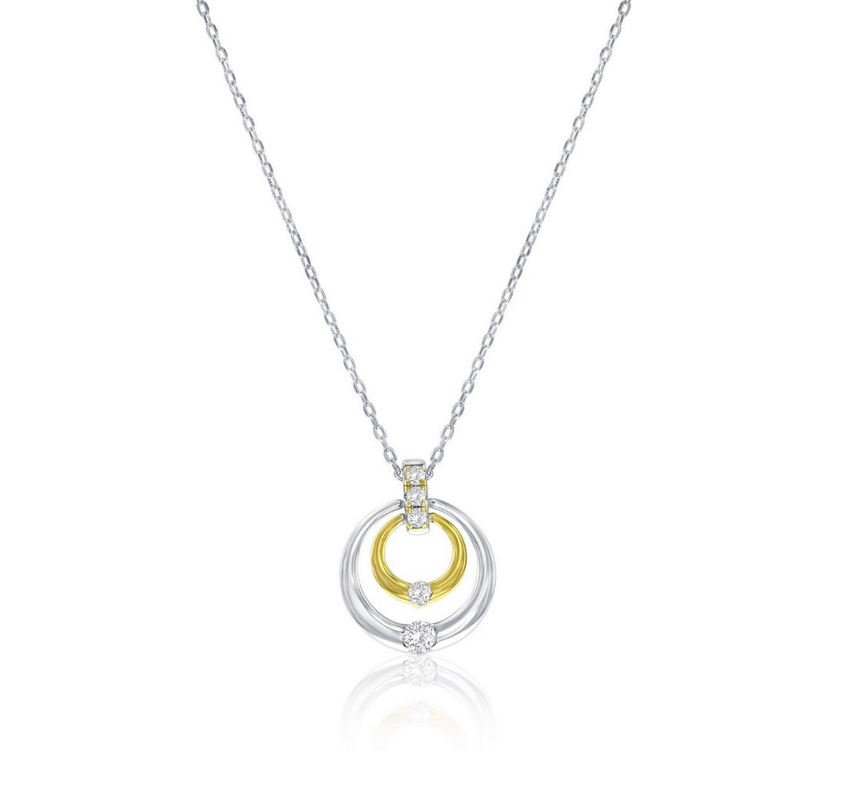 Sterling Silver, Double Circle Crystal Two-Tone Necklace