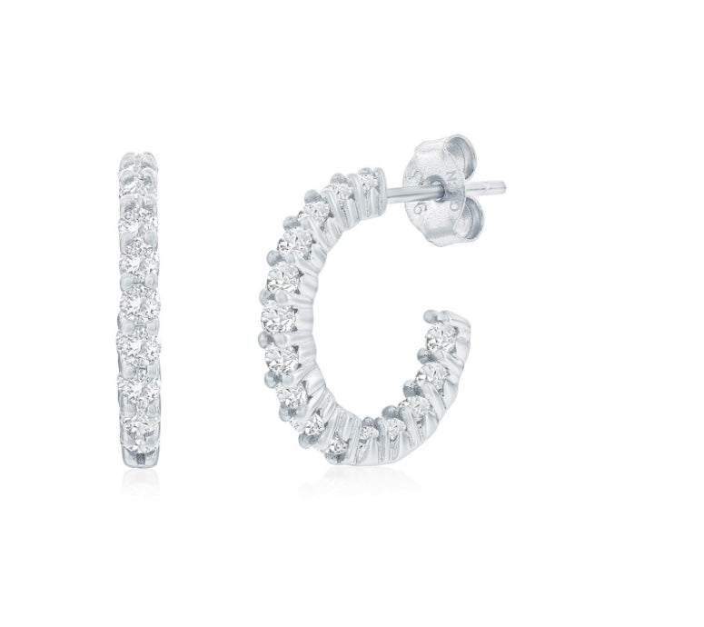 Sterling Silver, 15.5mm Prong-Crystal Huggie Hoop Earrings