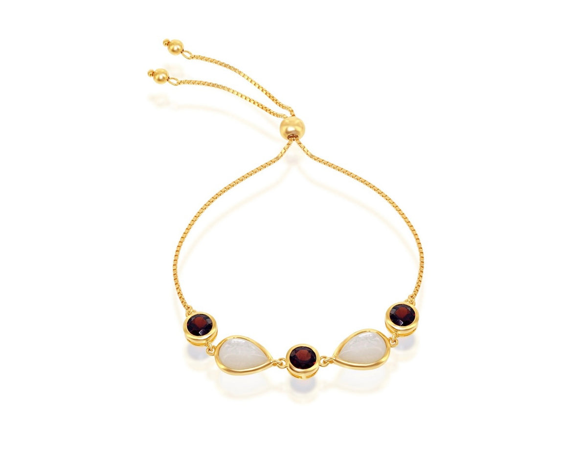 925 Sterling Silver, Garnet and Mother of Pearl Adjustable Bolo Bracelet - Gold Plated