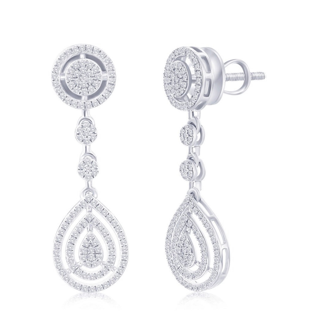 Sterling Silver, Round & Pearshaped Halo Diamond Earrings Bridal or Special Occasion