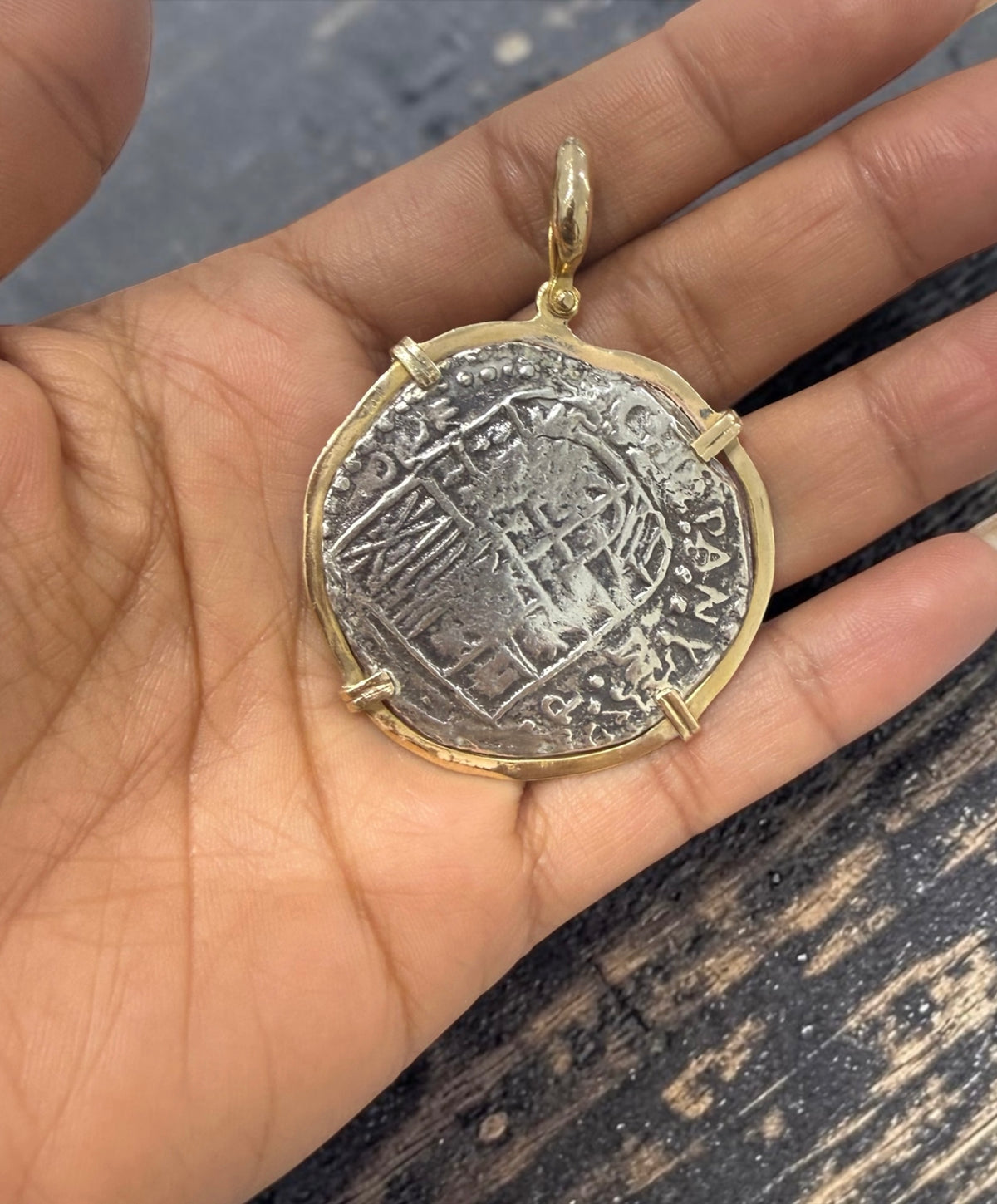 Replica Atocha Shipwreck Large Coin Pendant 925 sterling silver coin and 14k gold bezel