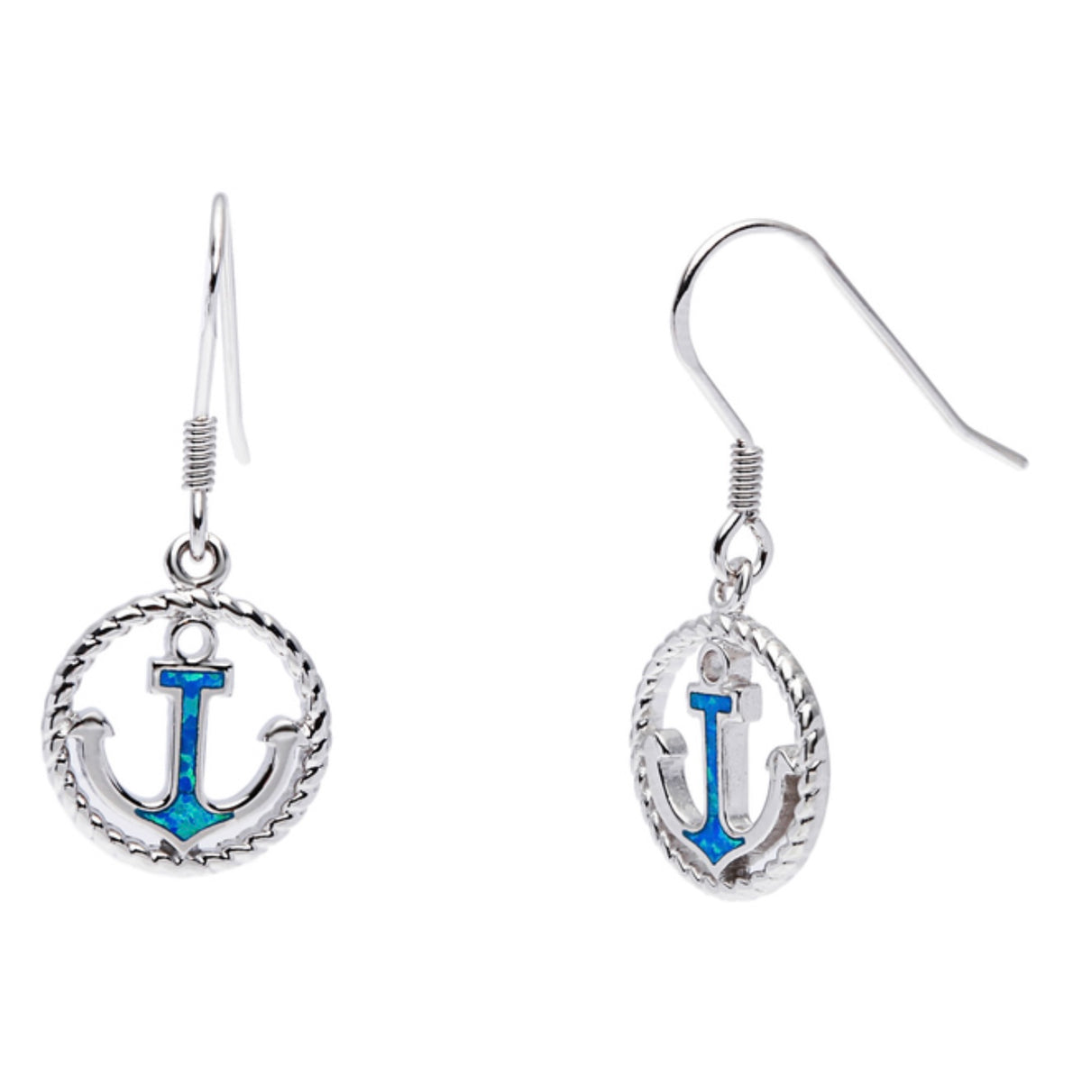 Sterling Silver Open Rope Design Circle with Center Large Blue Inlay Opal Anchor Earrings