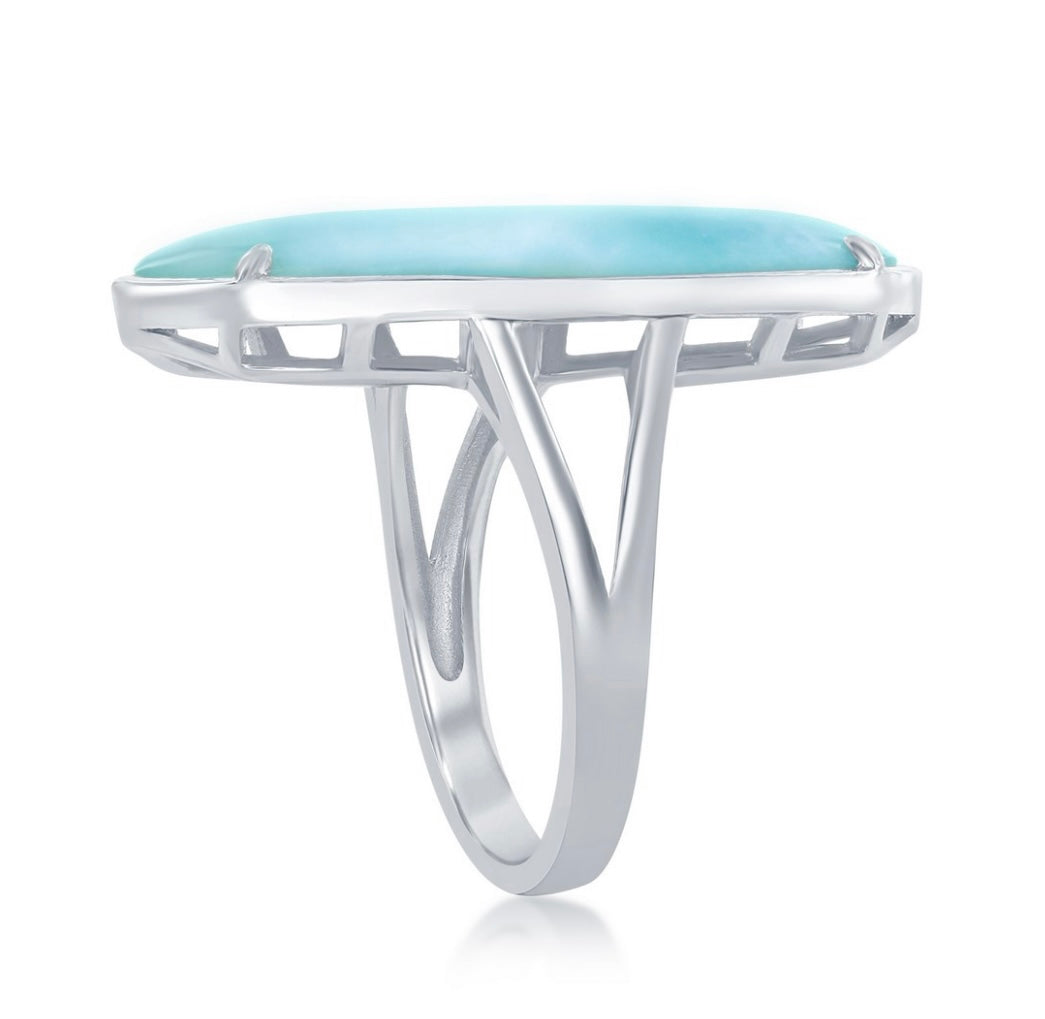 Sterling Silver, Long Hexagon Larimar Ring