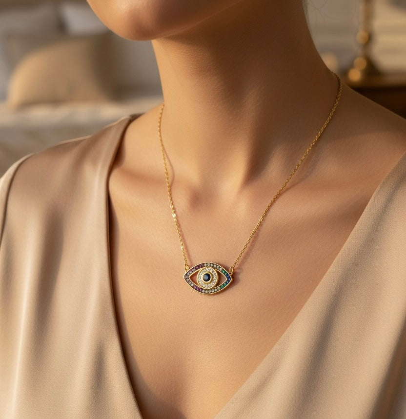 Sterling Silver, Rainbow Evil Eye Necklace Gold