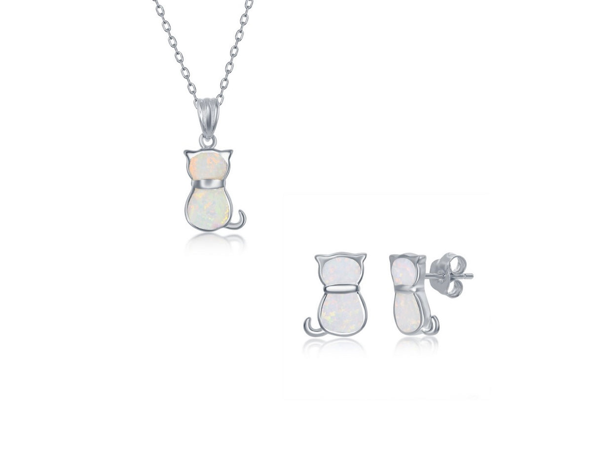 Sterling Silver, White Inaly Opal Necklace and Earrings Set - Cat