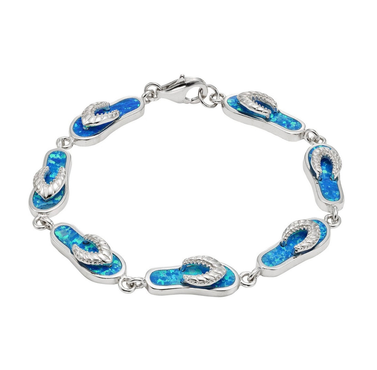 Sterling Silver Blue Inlay Opal Flip-Flop Link Bracelet 7”