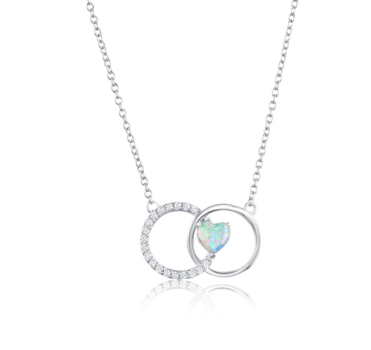 Sterling Silver, Opal Heart, Polished & Crystal Circle Necklace