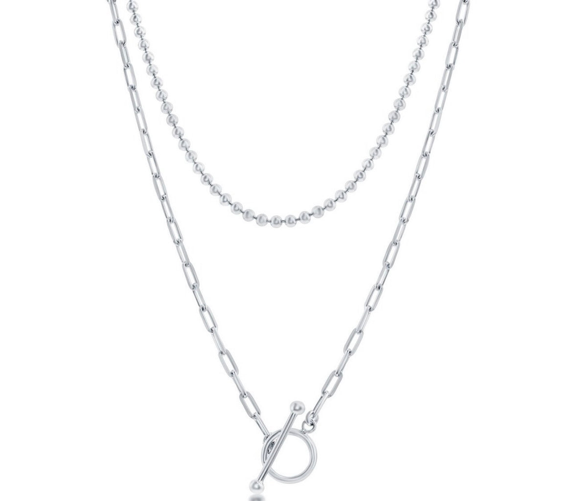 Sterling Silver Layered Paperclip and Beaded Chain Toggle Necklace