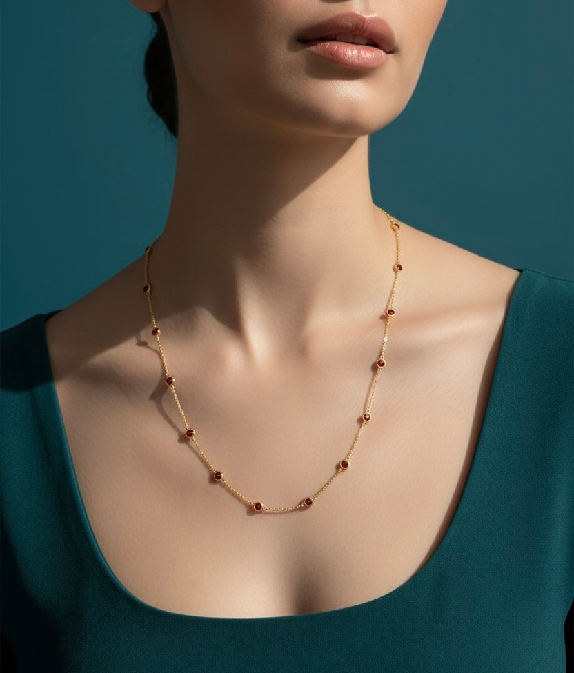 14K Real Gold 2.64ct Gemstone Station Necklace - Garnet
