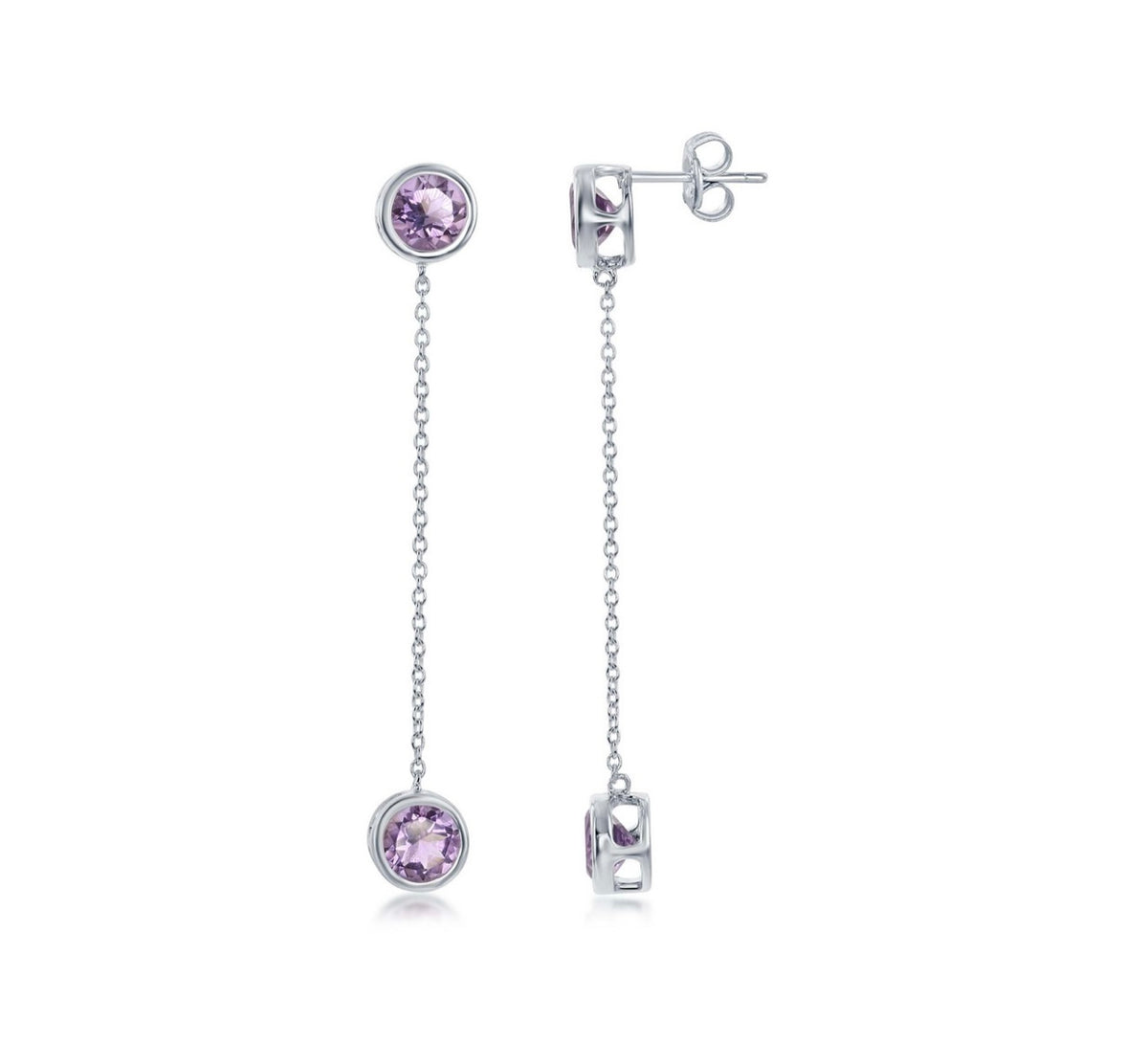 Sterling Silver Round Bezel-Set Amethyst with Hanging Chain Bezel-Set Amethyst Earrings ,