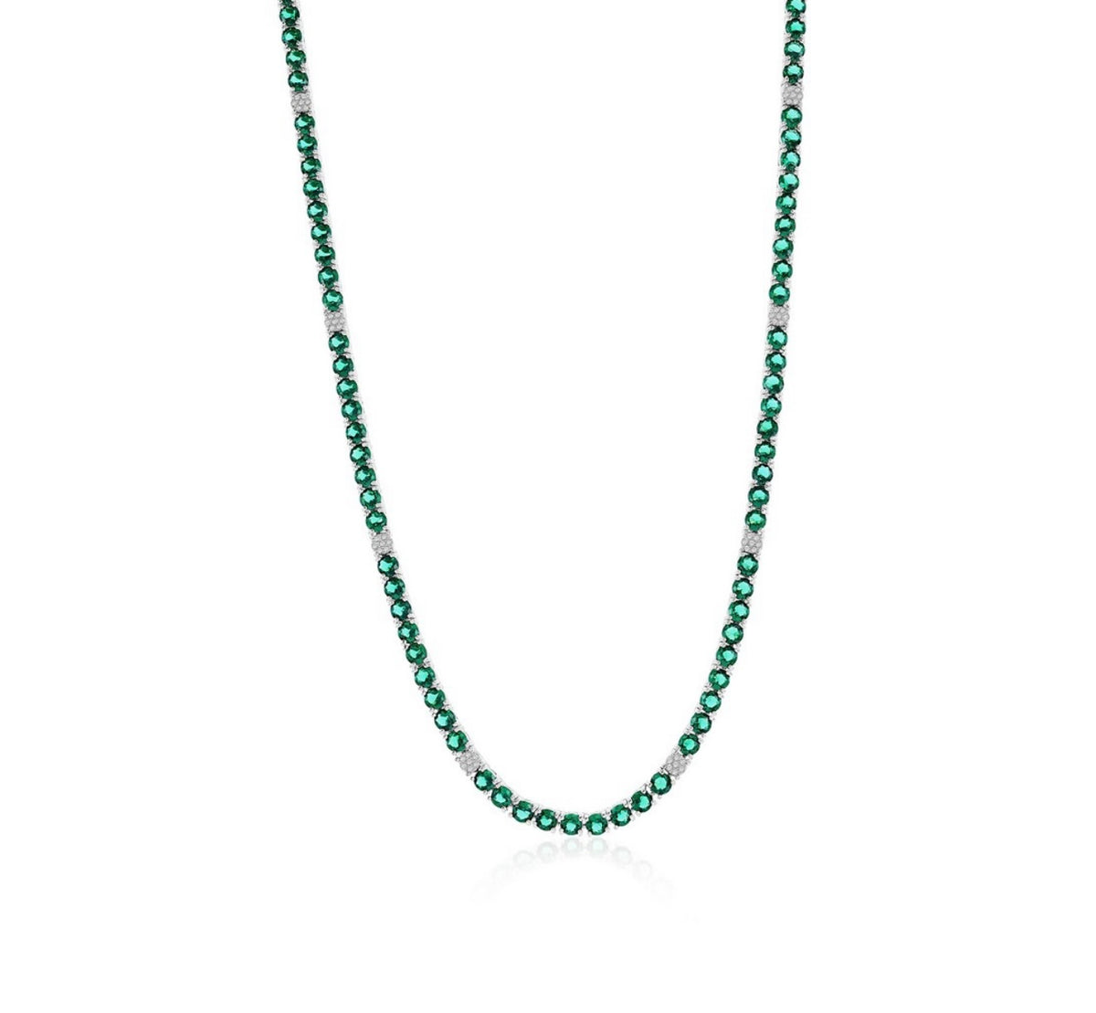 Sterling Silver, 3.5mm Round CZ Tennis Necklace - Emerald Spinel 17 inches