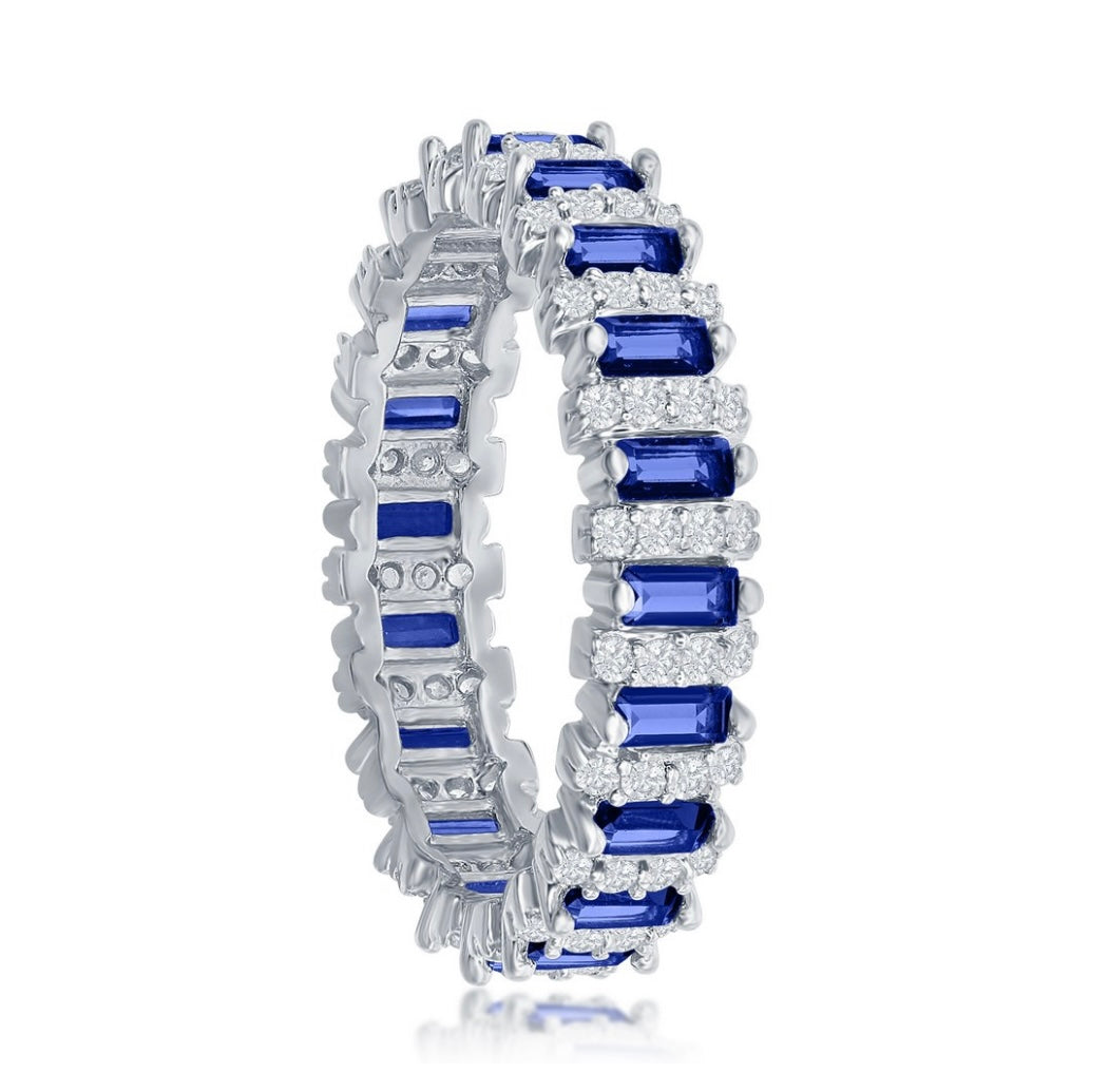 Sterling Silver, Round & Baguette Eternity Band Ring - Blue Spinel
