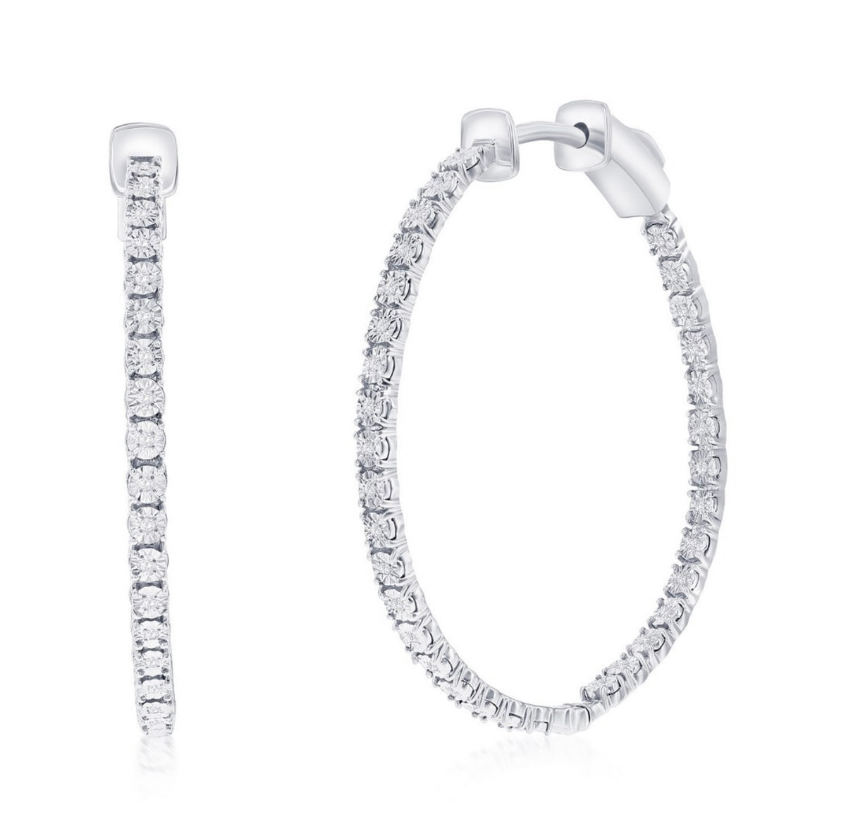 Sterling Silver, 32mm Inside-Outside Diamond Hoop Earrings - HOOPS