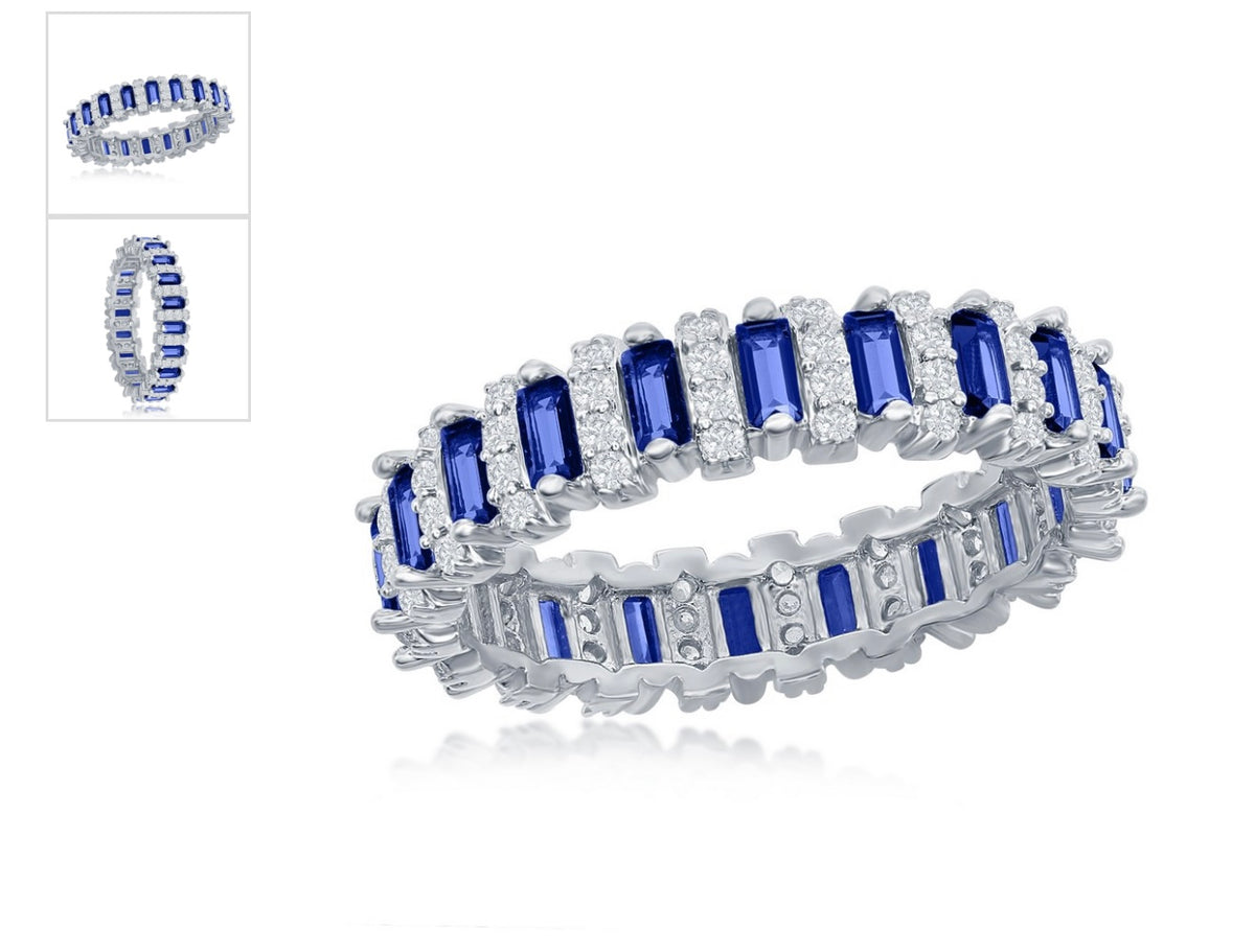 Sterling Silver, Round & Baguette Eternity Band Ring - Blue Spinel
