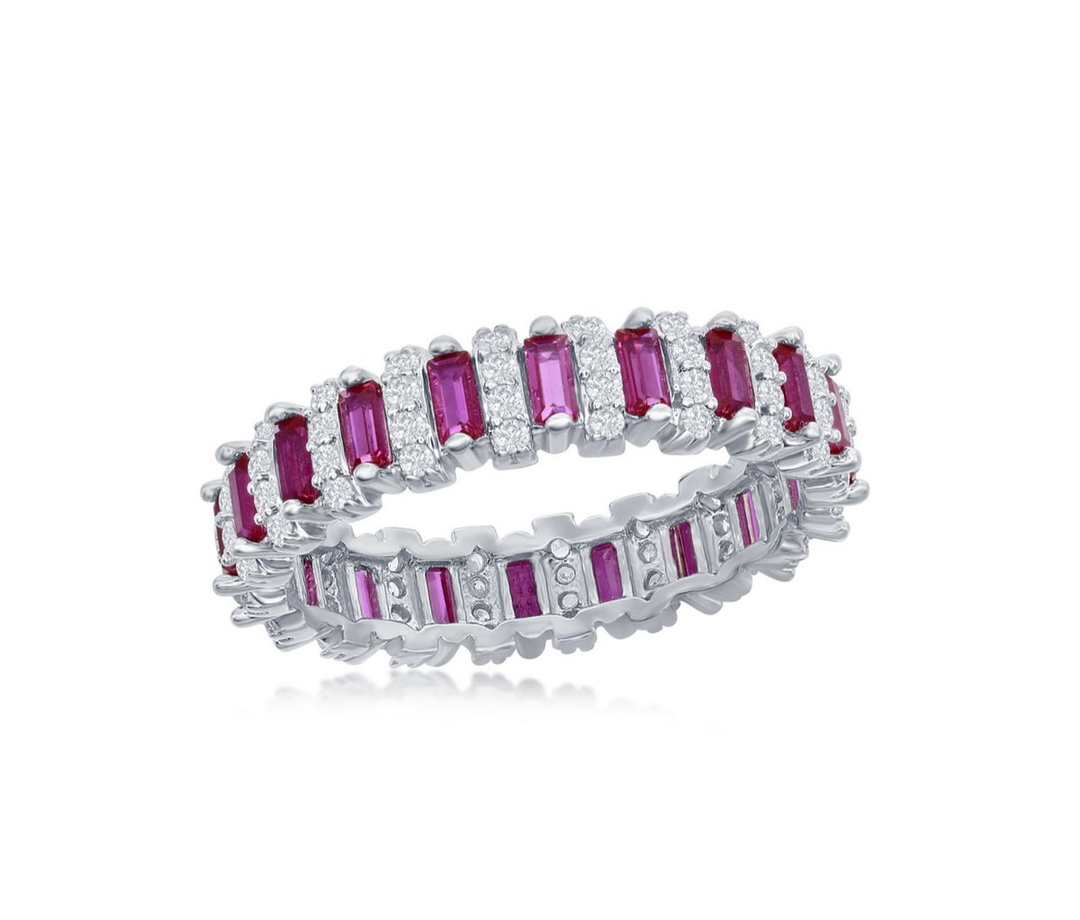 Sterling Silver, Round & Baguette Eternity Band Ring - Blue Spinel