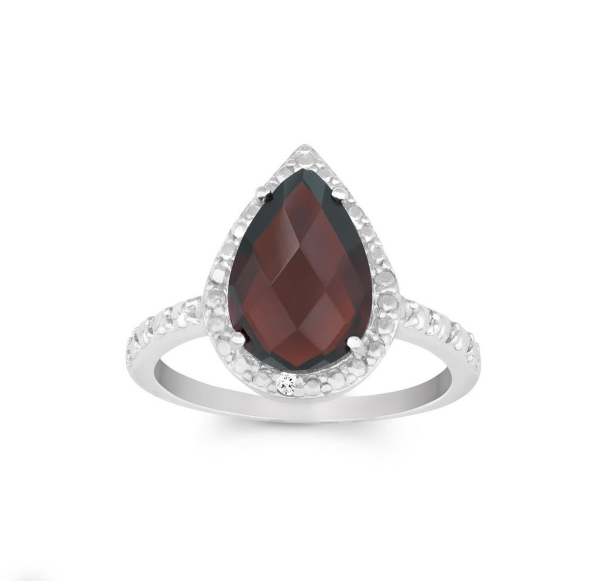 Sterling Silver Diamond with Gem Large Teardrop Ring - Garnet