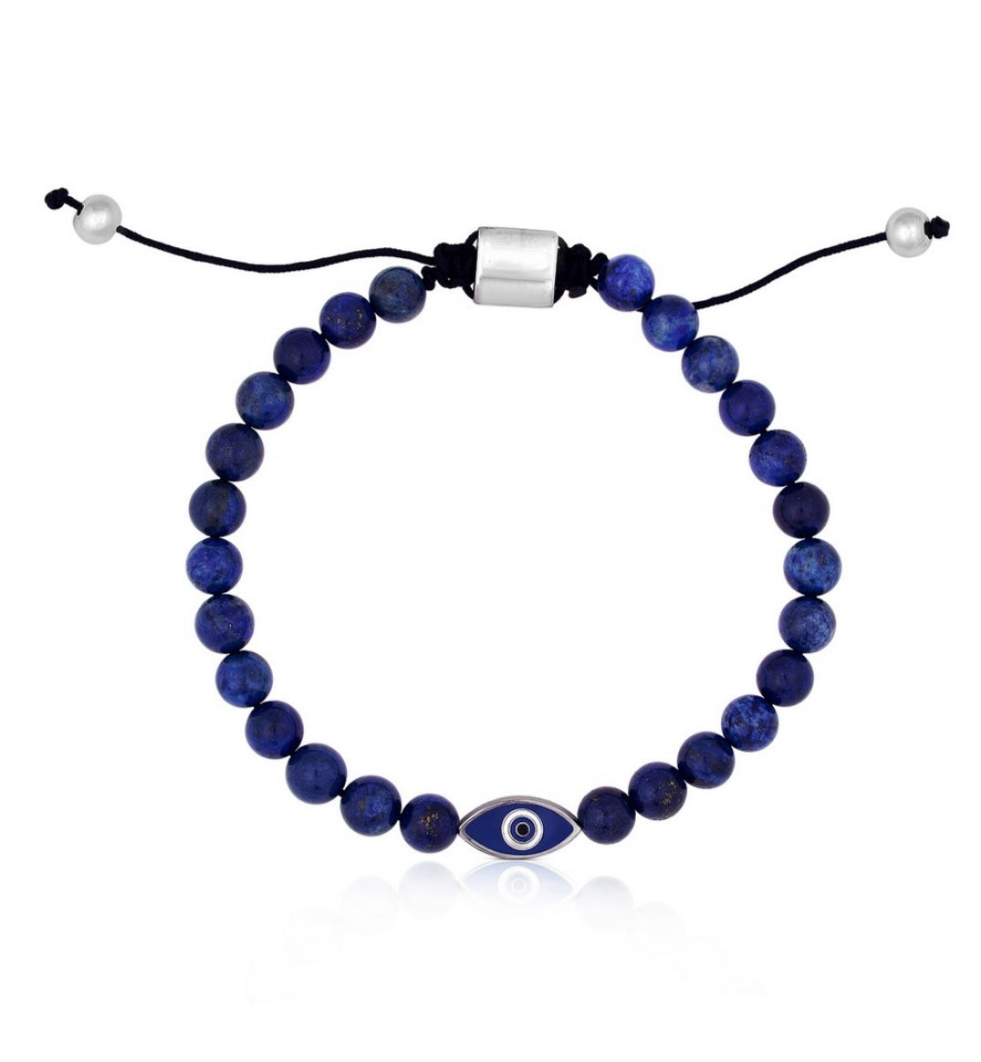 Stainless Steel, 6.5mm Genuine Bead, Evil Eye Drawstring Bracelet Agate MEN'S COLLECTION