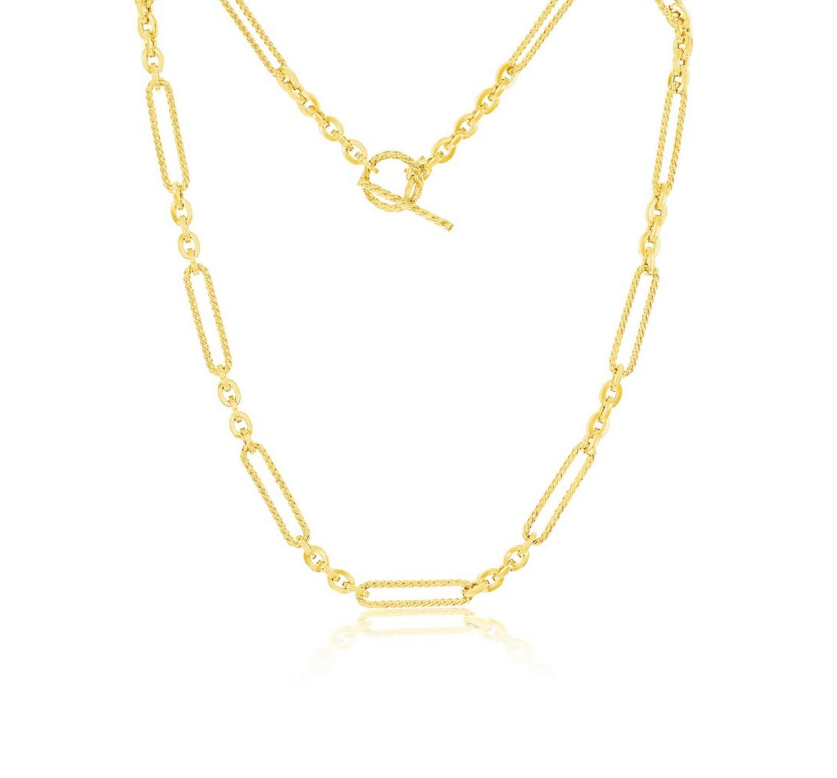 14K Real Yellow Gold, Rope Design Paperclip Toggle Necklace 18” long