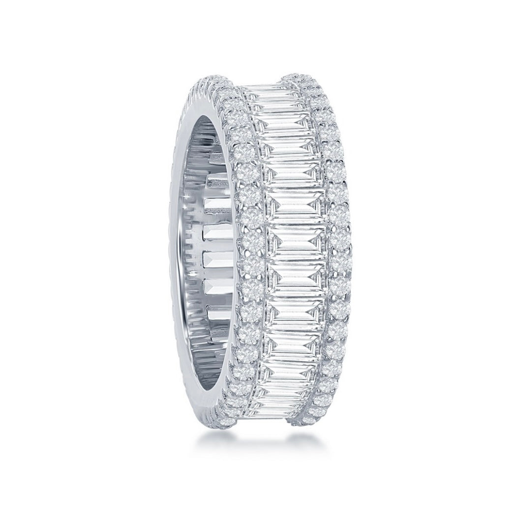 Sterling Silver, Baguette Crystal and Pave Border Band Ring