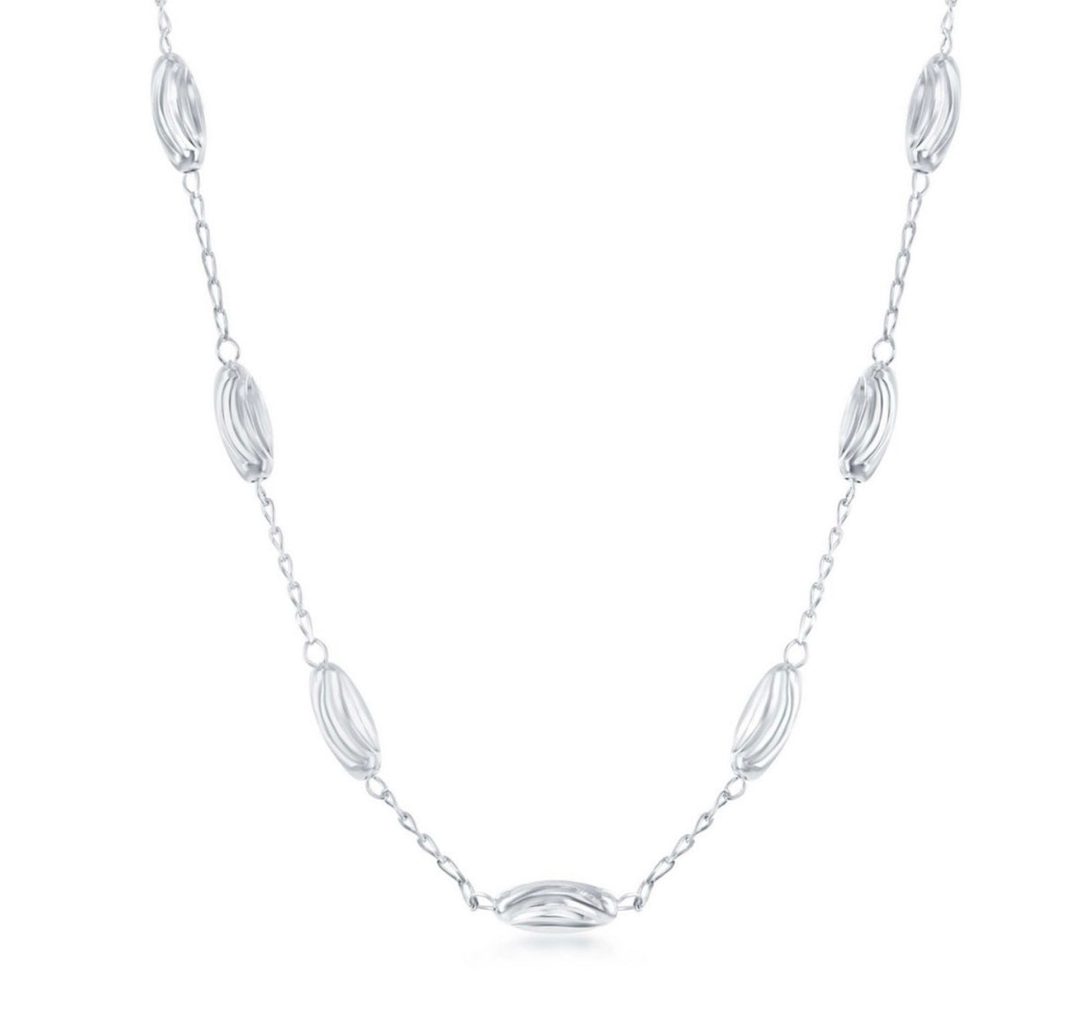 Sterling Silver Diamond Moon Cut Oval Bead Necklace