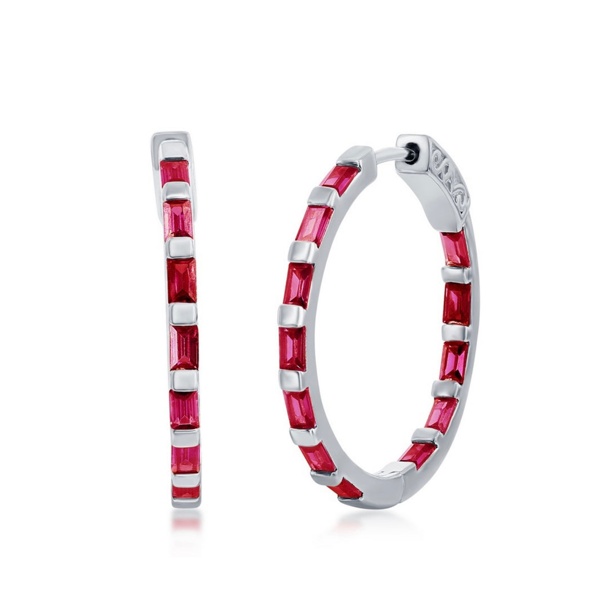 Sterling Silver Baguette CZ 25mm Hoop Earrings - Ruby Crystalline HOOPS