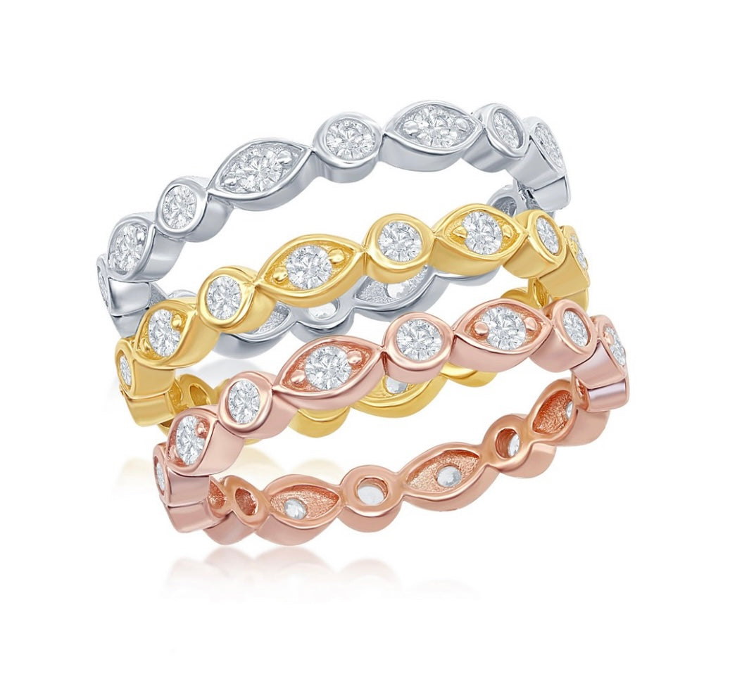 Sterling Silver Tri-Color, Marquise and Round CZ Eternity 3-Band Ring Size 9