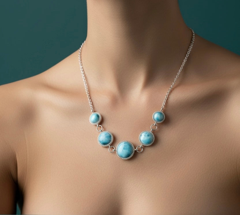 925 Sterling Silver, Graduating Round Beaded Larimar Linked Necklace