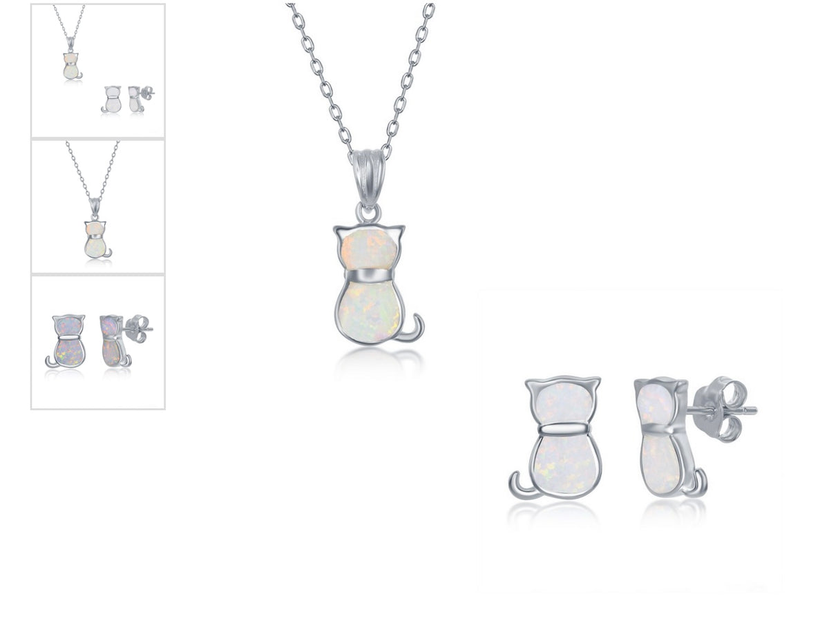 Sterling Silver, White Inaly Opal Necklace and Earrings Set - Cat