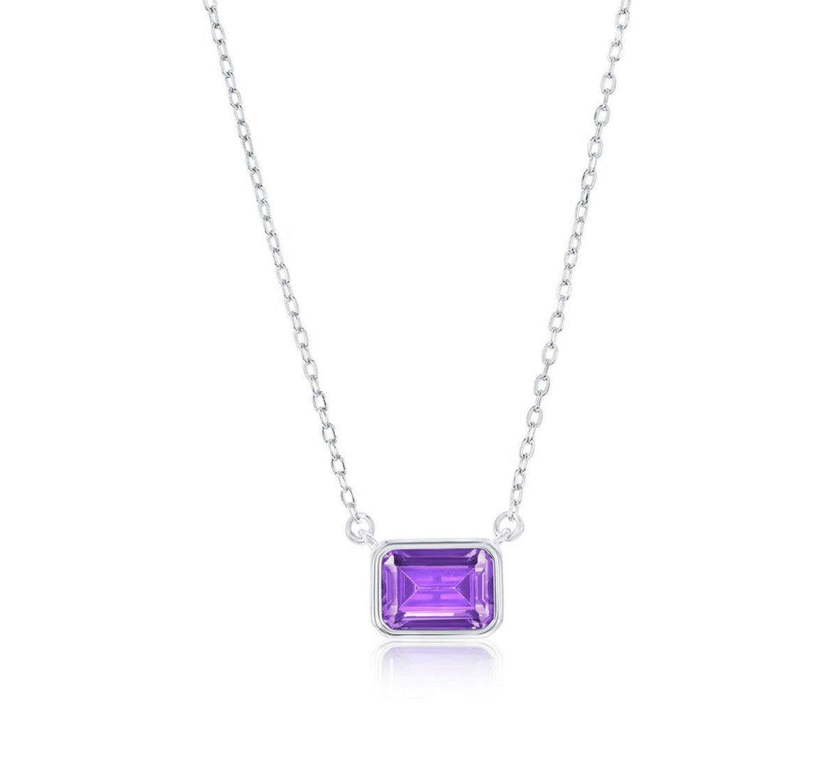 Sterling Silver, 'Feburary' Birthstone Rectangle CZ Necklace - Amethyst