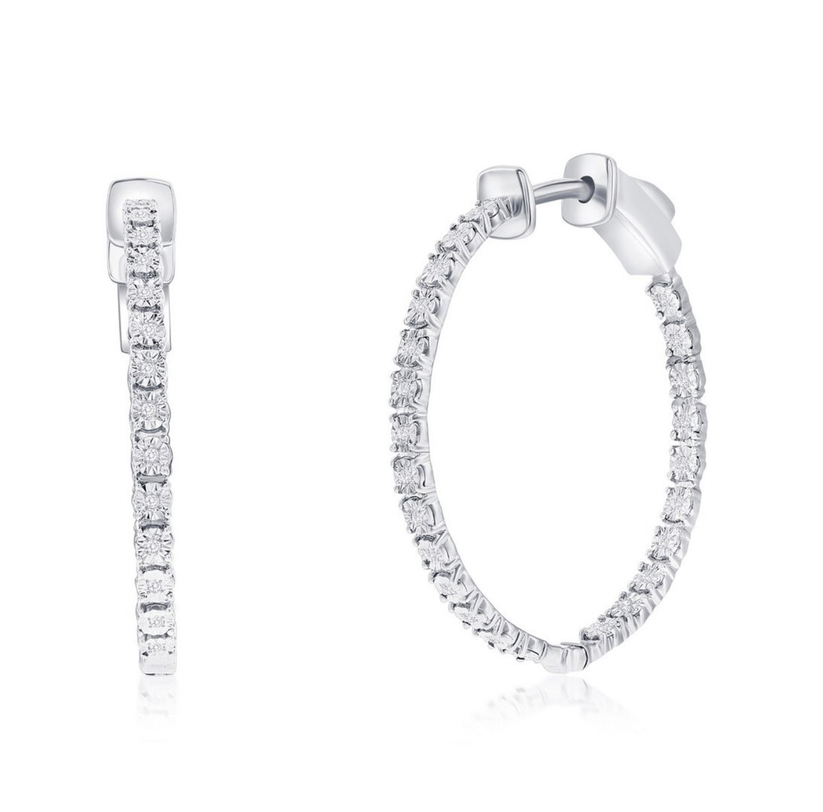 Sterling Silver, 26mm Inside-Outside Diamond Hoop Earrings