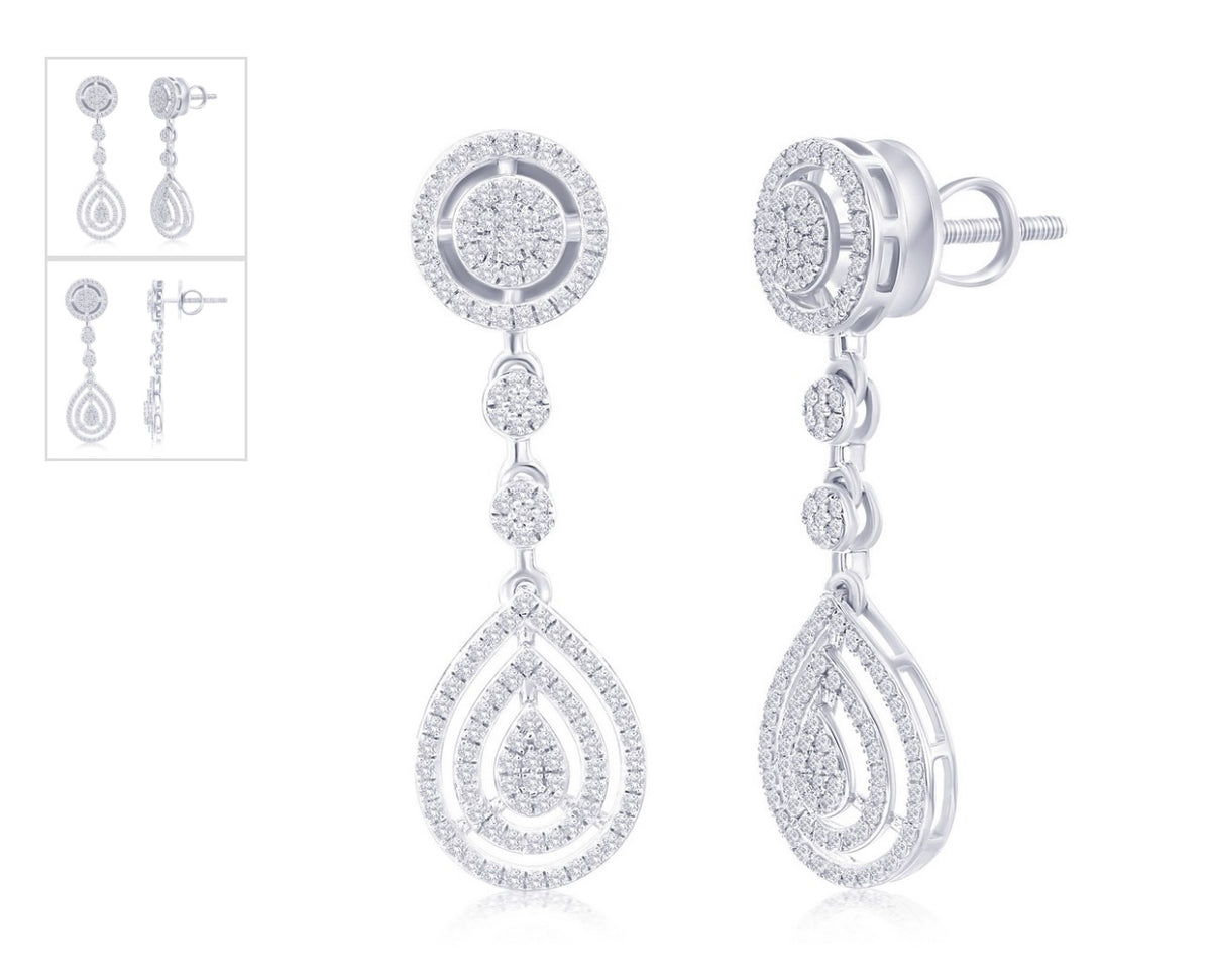 Sterling Silver, Round & Pearshaped Halo Diamond Earrings Bridal or Special Occasion