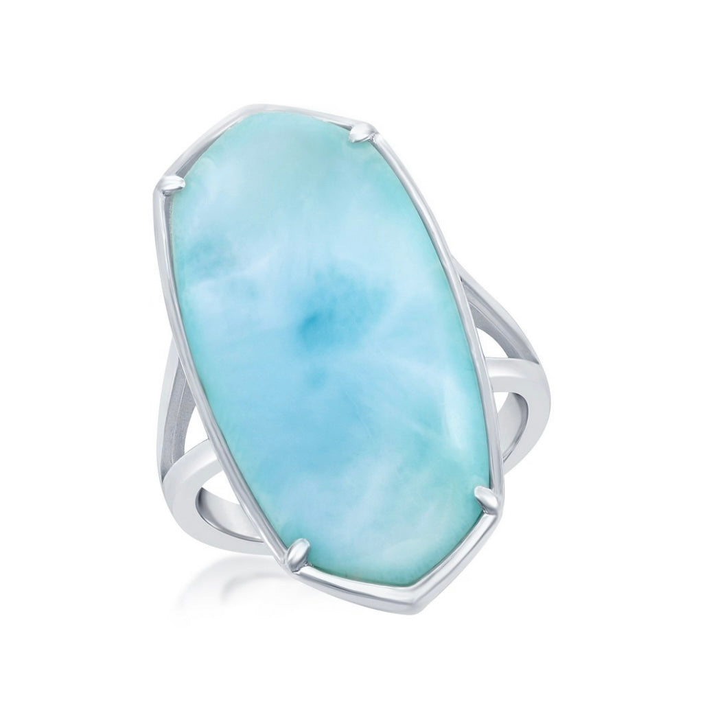 Sterling Silver, Long Hexagon Larimar Ring