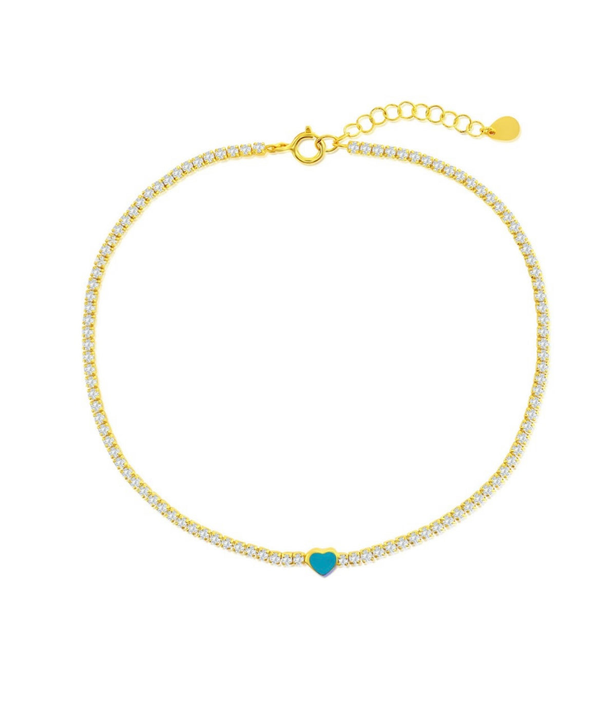 Sterling Silver Enamel Heart Tennis Anklet Turquoise