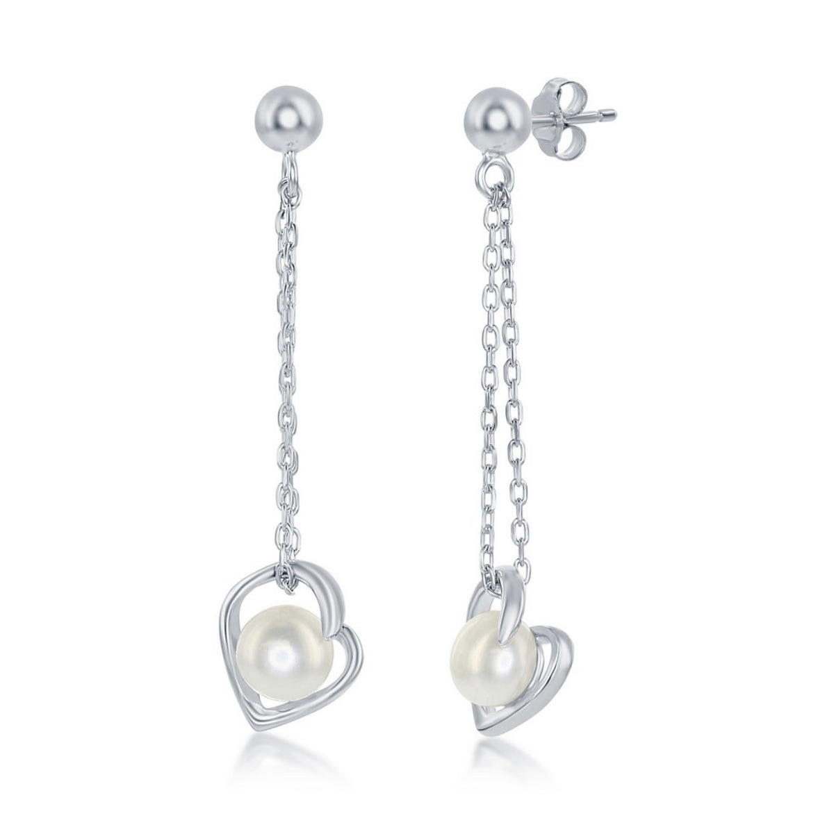 Sterling Silver, 6mm FWP Heart Chain Pearl Earrings