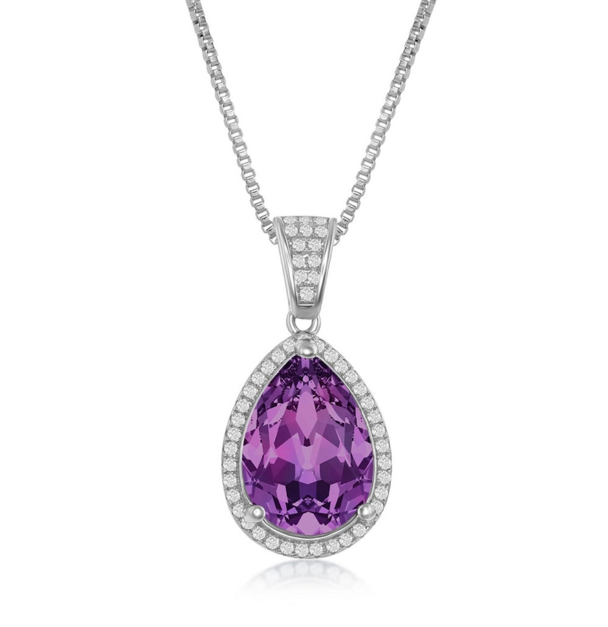 Sterling Silver Crystal and 14x10mm Pearshaped Amethyst Swarovski Element Halo Pendant