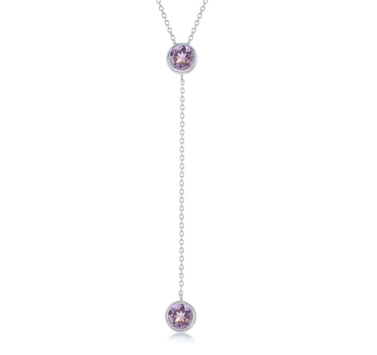 Sterling Silver, Round Amethyst with Long Hanging Chain and Round Amethyst Necklace