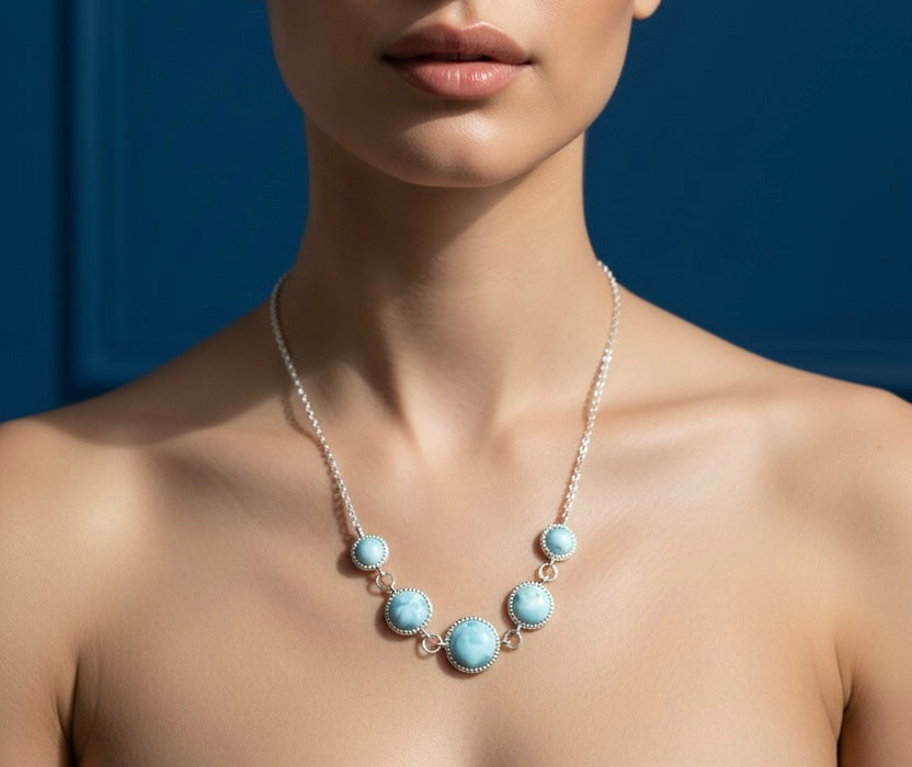 925 Sterling Silver, Graduating Round Beaded Larimar Linked Necklace