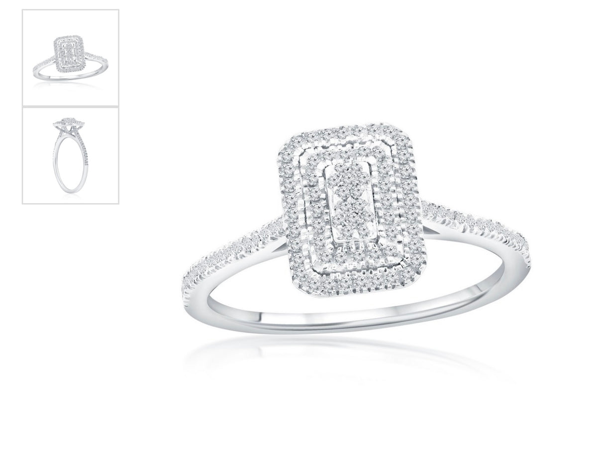 Sterling Silver Double Frame Emerald Diamond Ring - (119 Stones)