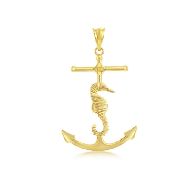 14K Real Yellow, Gold Seahorse Anchor Pendant