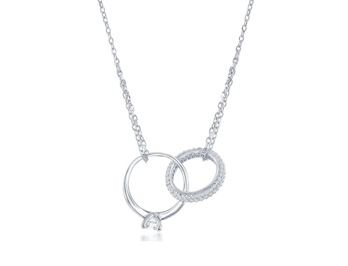 Sterling Silver Interlocking Engagement Ring & Micro Pave Band Necklace