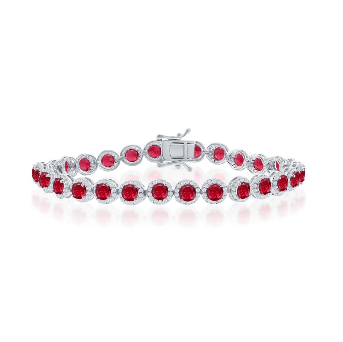 Sterling Silver, Round Halo White & Ruby Linked Bracelet