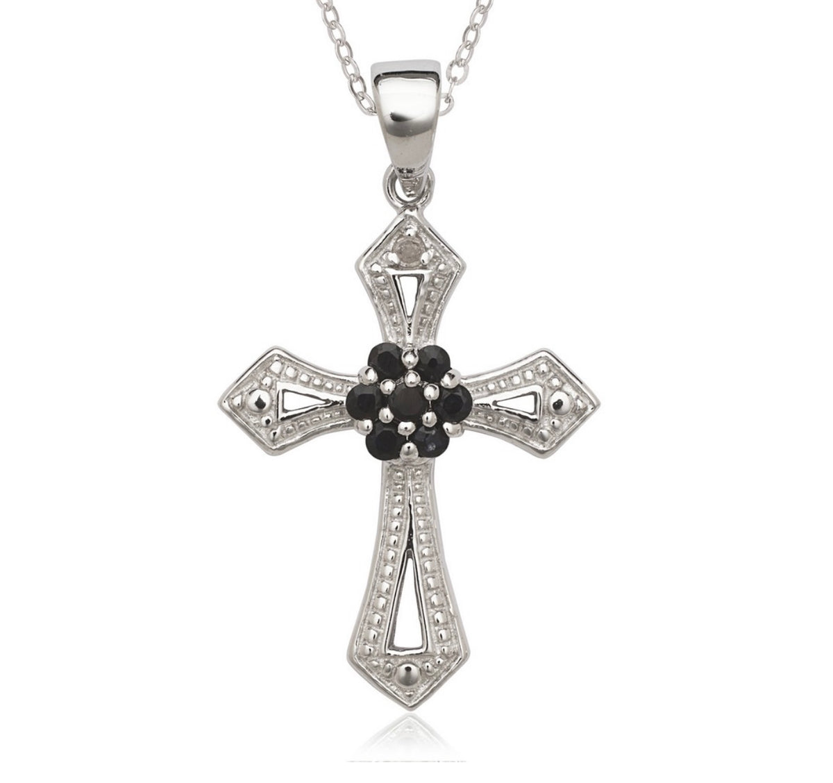 Sterling Silver Diamond Accent & Black Sapphire Cross Pendant