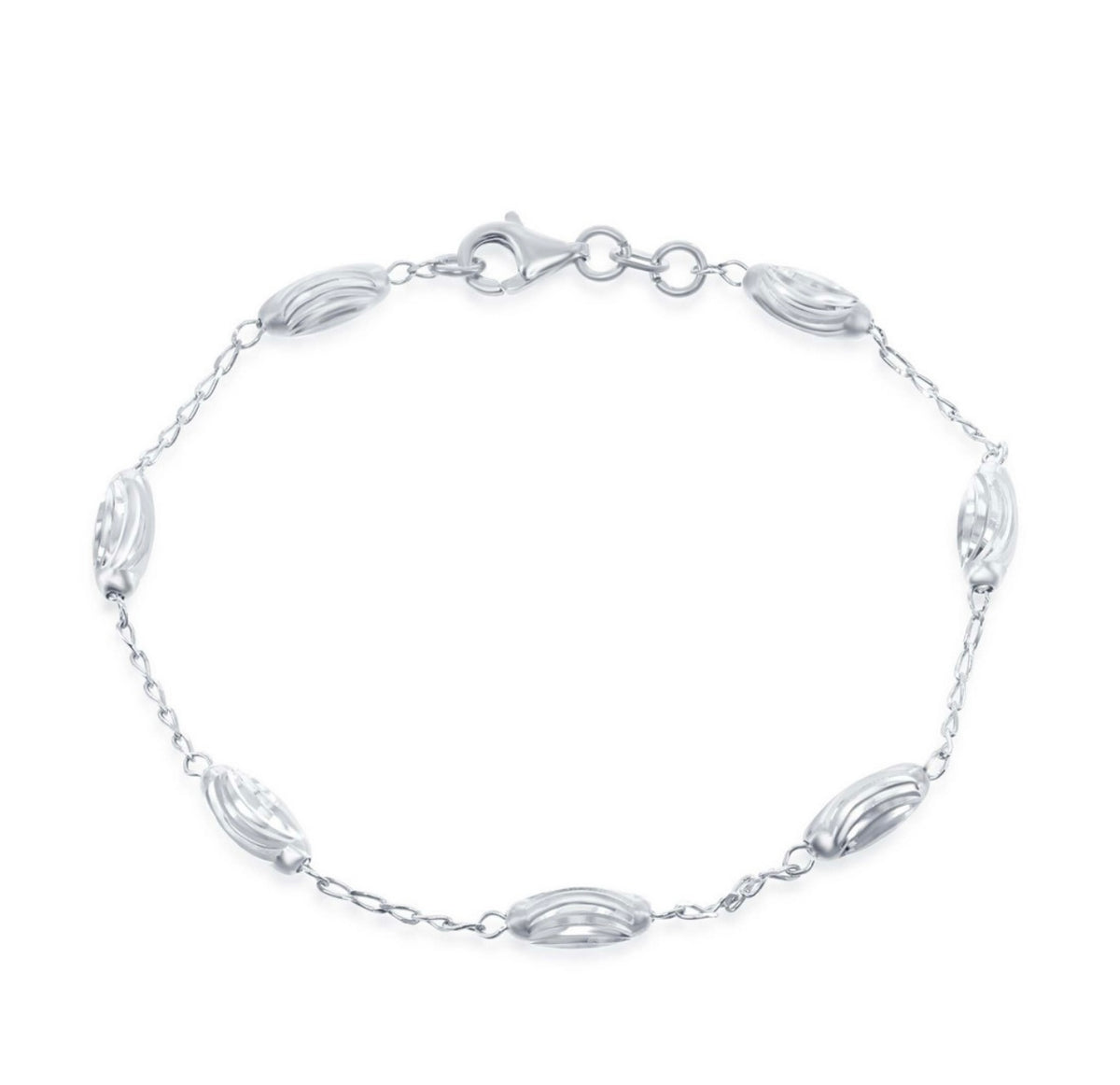 Sterling Silver Diamond Moon Cut Oval Bead Anklet