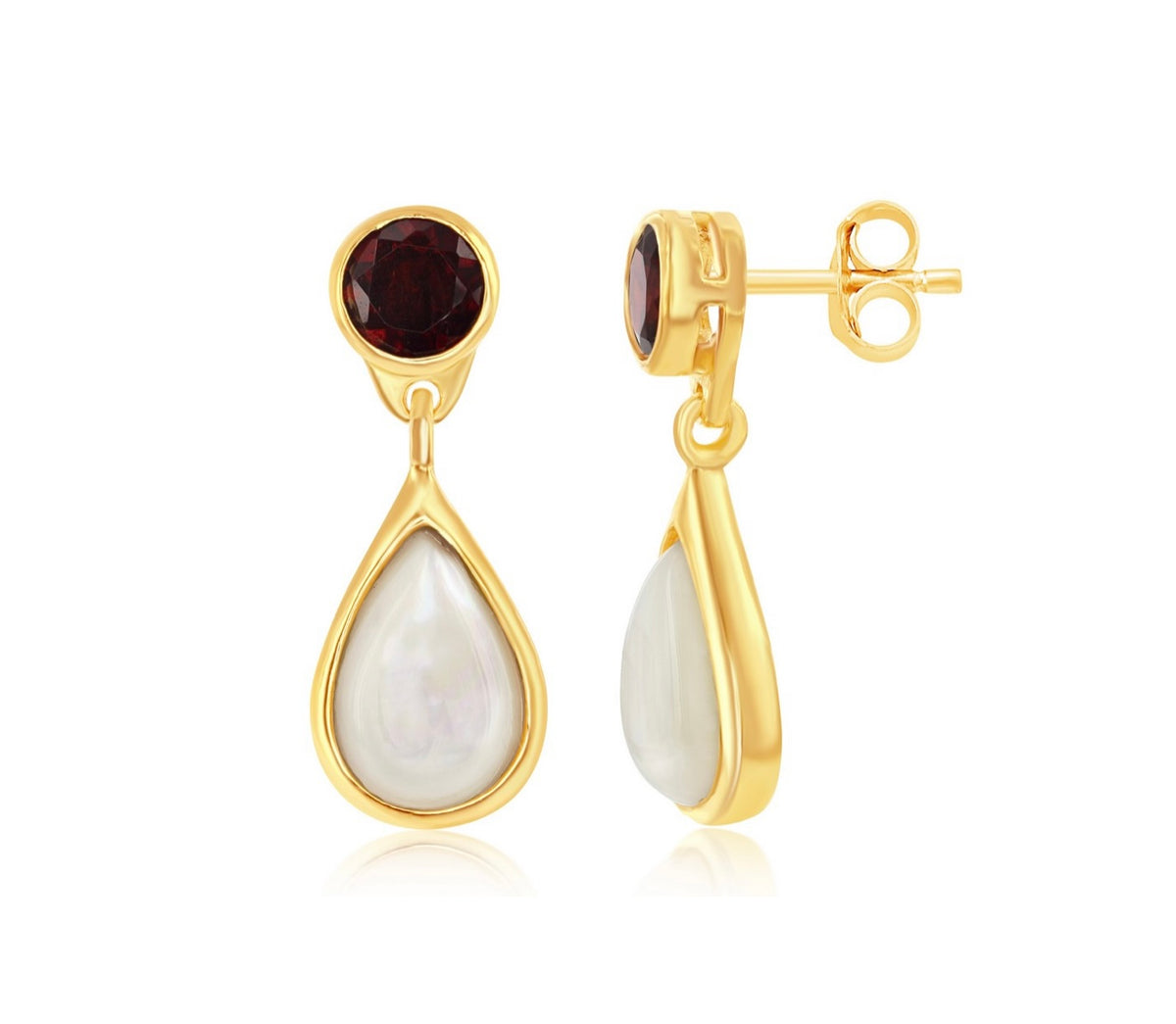 Sterling Silver Garnet and Mother of Pearl Earrings - Gold Plated