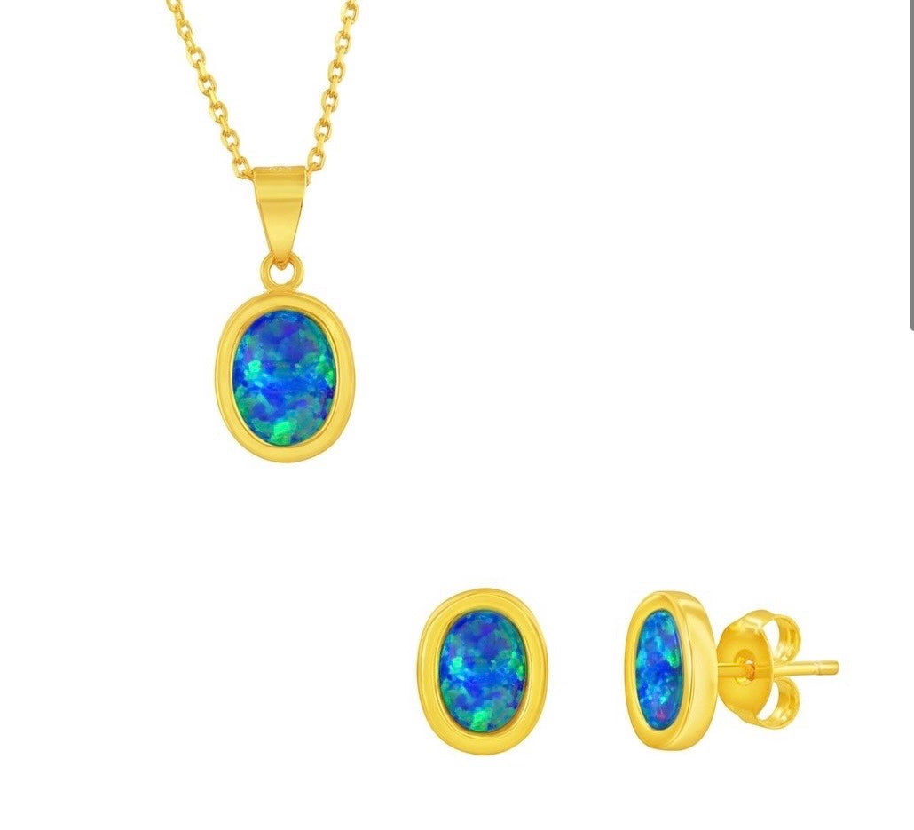 925 Sterling Silver Oval Blue Opal Necklace & Earrings Set - Gold Plated