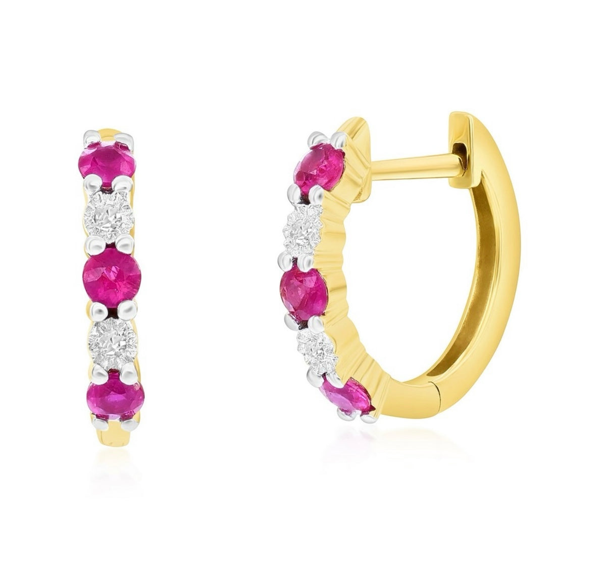 14K Yellow Real Gold Round 0.34ct Ruby Diamond Hoop Earrings