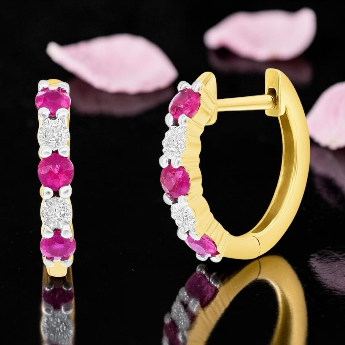 14K Yellow Real Gold Round 0.34ct Ruby Diamond Hoop Earrings